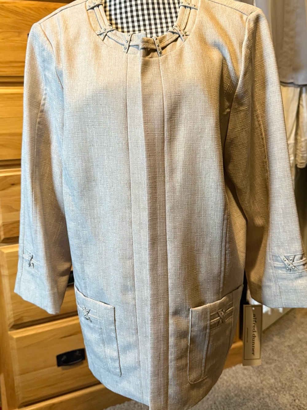 Alfred Dunner Light Beige Collarless Textured Blazer